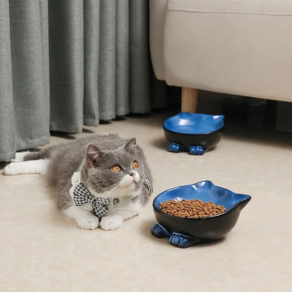 Nihow Ceramic Basic Cat Bowls: 6.25 Inch Cat Bowl for Food & Water - Food Grade Cat Dish for Large-Sized Cat/Medium-Sized Dog - Microwave & Dishwasher Safe -Elegant Blue & Black (8.5 OZ /1 PC) - PAWPICO