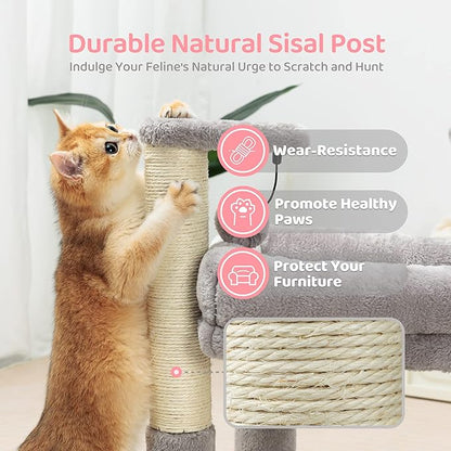 Made4Pets Cat Tree for Indoor Cats, Cat Tower with 2 Natural Sisal Scratching Post for Kitten, Kitty Cat Bed with Pom-pom Dangling Balls, Grey, DIY - PAWPICO