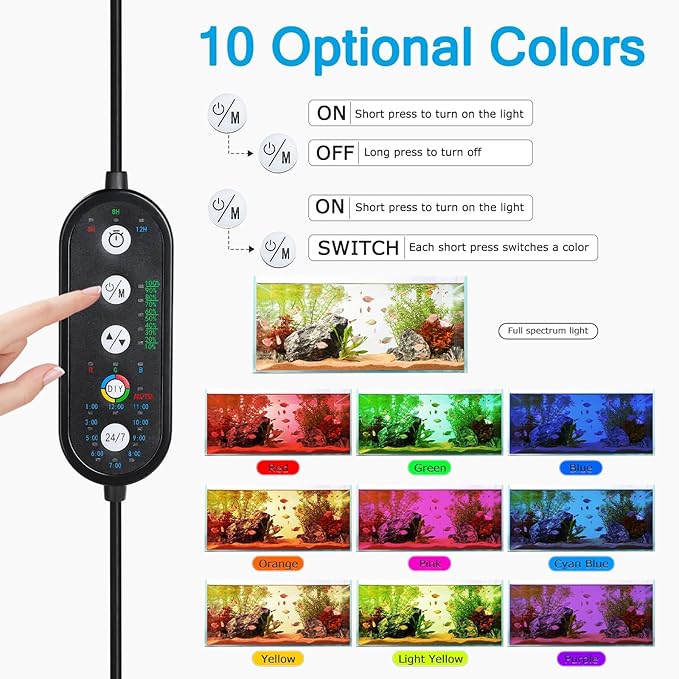 AQQA LED Aquarium Light Plant Fish Tank Light Full Spectrum Waterproof Fish Light with 24/7 Natural Mode DIY Adjustable Brightness Multi-Color Timer & Extendable Bracket for 12-18 Inch (14W) AQQA