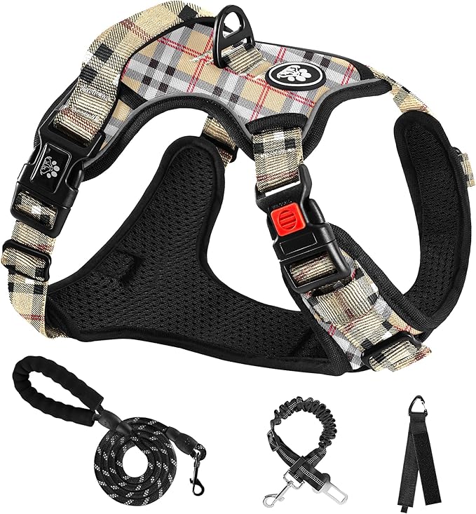 NESTROAD No Pull Dog Harness with Leash, Reflective No Choke Pet Vest Harness,Adjustable Soft Padded Dog Harness with Easy Control Handle for Large Dogs(Checkered Beige,X-Large) NESTROAD