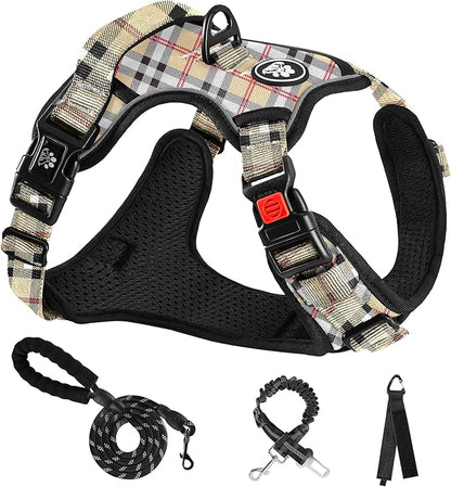 NESTROAD No Pull Dog Harness with Leash, Reflective No Choke Pet Vest Harness,Adjustable Soft Padded Dog Harness with Easy Control Handle for Small Dogs(Checkered Beige,Small) NESTROAD