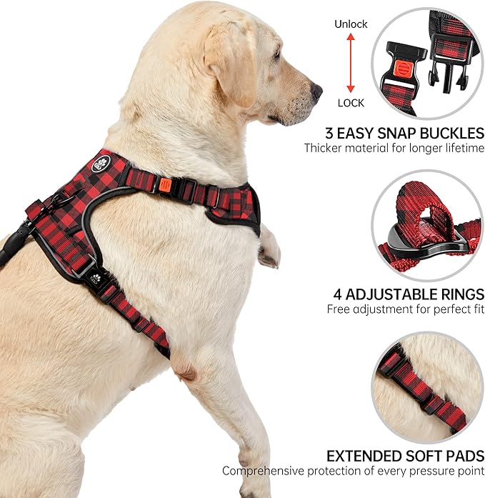 NESTROAD No Pull Dog Harness with Leash, Reflective No Choke Pet Vest Harness,Adjustable Soft Padded Dog Harness with Easy Control Handle for Large Dogs(Checkered Red,Large) NESTROAD