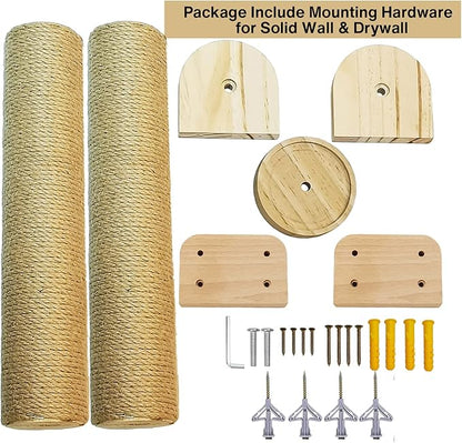 2 Tier Cat Wall Wood Sisal Scratching Post for Indoor - 37 inch Tall- Vertical or Horizontal Wall Mounted Cat Scratcher, Cat Scratching Board, Cat Activity Trees Cat Wall Furniture Shelves - PAWPICO