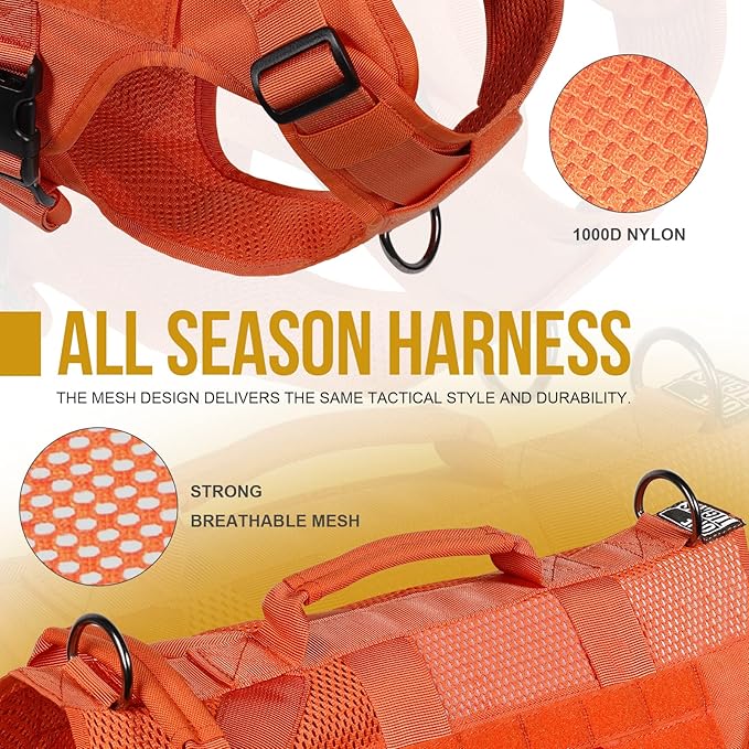OneTigris Mesh Design Tactical No Pull Dog Harness for Large Dog, Breathable Service Dog Vest Harness with Handle, Military Dog Harness with Molle Panels for Walking Hiking Training (Orange, M) OneTigris