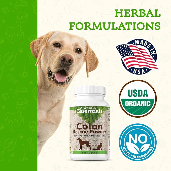 Animal Essentials Colon Rescue Powder - Herbal Digestive Aid for Dogs & Cats, Phytomucil, Healthy Gastrointestinal Tract, Certified Organic Herbs, No Preservatives, Glycerin-Based Formula - 1 Oz AnimalEssentials