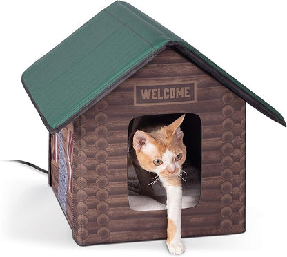 K&H Pet Products Outdoor Heated Kitty House, Outdoor Cat House for Outside Community Cats, Strays, and Ferals, Insulated Shelter, Warming Cold Weather House with Heated Pad for Winter, Cabin Design - PAWPICO