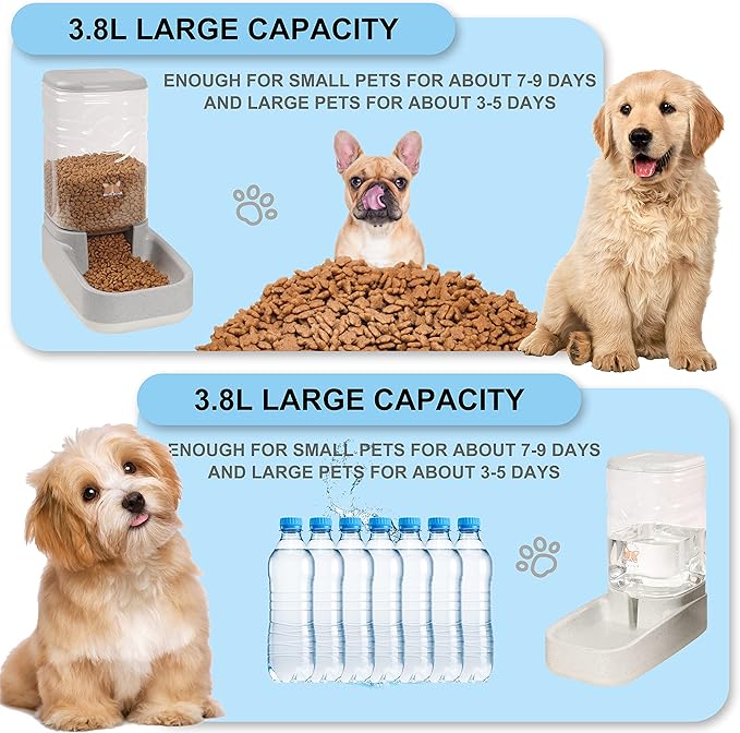 ELEVON Automatic Dog Cat Gravity Food and Water Dispenser Set with Pet Food Bowl for Small Large Pets Puppy Kitten Rabbit Large Capacity(White & Gray, 3.8L) - PAWPICO