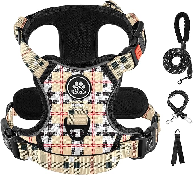 IVY&LANE No Pull Dog Harness with Leash Set, Reflective No Choke Pet Vest,Adjustable Oxford Dog Vest Harness with Easy Control Handle for Medium Lagre Dogs (Checkered Beige,M) IVYLANE