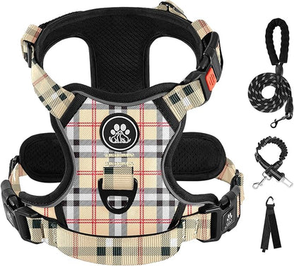 IVY&LANE No Pull Dog Harness with Leash Set, Reflective No Choke Pet Vest,Adjustable Oxford Dog Vest Harness with Easy Control Handle for Small Dogs (Checkered Beige,S) IVYLANE