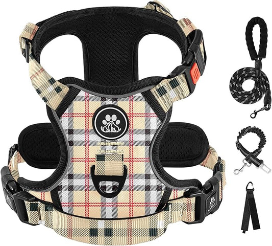IVY&LANE No Pull Dog Harness with Leash Set, Reflective No Choke Pet Vest,Adjustable Oxford Dog Vest Harness with Easy Control Handle for Small Dogs (Checkered Beige,S) IVYLANE