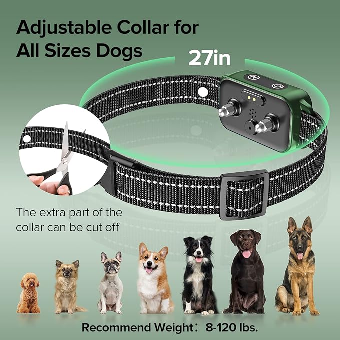 Dog Bark Collar, DINJOO Bark Collar for Large Medium Small Dogs,Smart Bark Collar,Rechargeable Anti Barking Training Collar with 8 Adjustable Sensitivity,Bark Collar with Beep（Dark Green） DINJOO