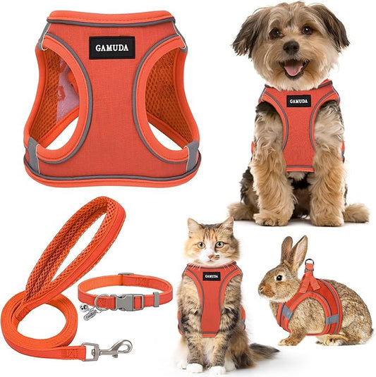GAMUDA Small Pet Harness Collar and Leash Set, Step in No Chock No Pull Linen Fabric Soft Mesh Dog Vest Harnesses Reflective for Dogs Puppy Cats Kitten Rabbit (Orange, S) GAMUDACollarsCollection