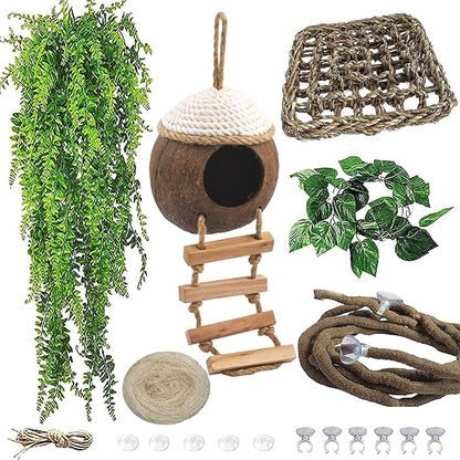 Leopard Gecko Coconut Hut with Ladder,Grested Gecko Coco Den Lizards Hanging Coconut Shell Hideout Cave Reptiles Tank Accessories Climbing Hanging Plants Jungle Vine Flexible Leaves Decor MUYG
