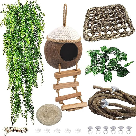 Leopard Gecko Coconut Hut with Ladder,Grested Gecko Coco Den Lizards Hanging Coconut Shell Hideout Cave Reptiles Tank Accessories Climbing Hanging Plants Jungle Vine Flexible Leaves Decor MUYG