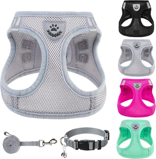 PUPTECK Adjustable Dog Harness Collar and Leash Set Step in No Pull Pet Harness for Small Medium Dogs Puppy and Cats Outdoor Walking Running, Soft Mesh Padded Reflective Vest Harnesses, Solid Grey XS PUPTECK