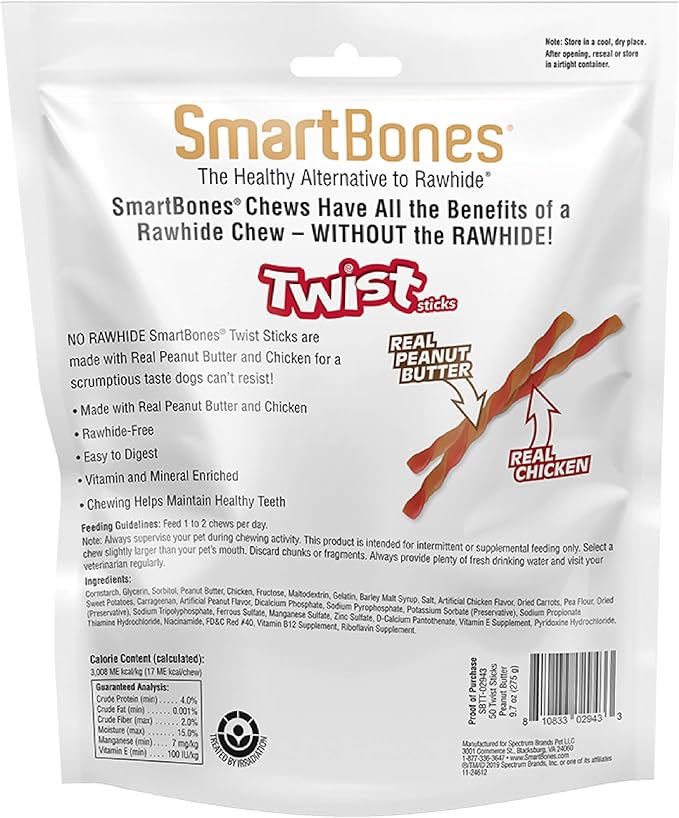 SmartBones Smart Twist Sticks With Peanut Butter 50 Count, Rawhide-Free Chews For Dogs, SBTT-02943, 50-count - PAWPICO