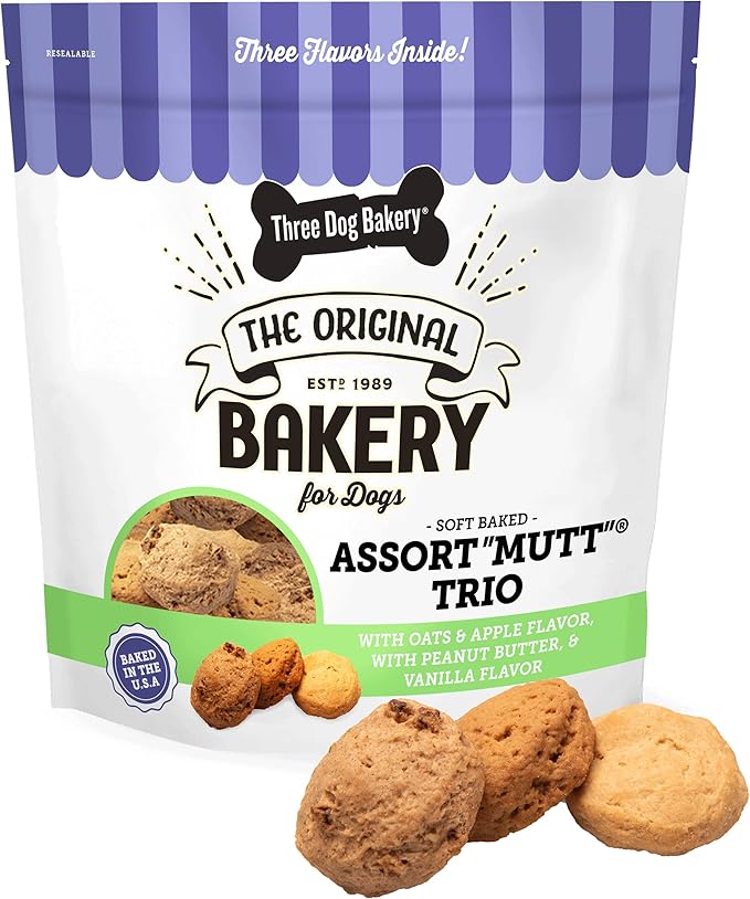 Three Dog Bakery Assort Mutt Cookie Trio, Soft Baked Treats for Dogs, Three Flavor; Oatmeal and Apple, Peanut Butter, and Vanilla, 3 Pound Bulk Resealable Pack - PAWPICO