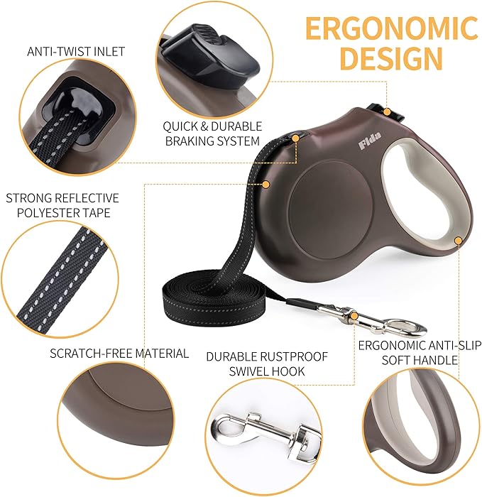 Fida Retractable Dog Leash, 16 ft Dog Walking Leash for Small Dogs up to 26lbs, 360° Tangle Free, Coffee/Brown Fida