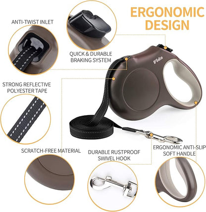 Fida Retractable Dog Leash, 16 ft Dog Walking Leash for Small Dogs up to 26lbs, 360° Tangle Free, Coffee/Brown Fida