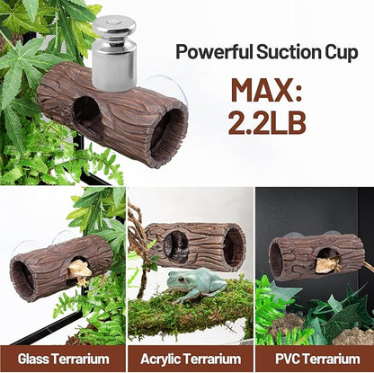 Reptile Hide, Resin Hollow Log Hideout with 2pcs Powerful Suction Cup, Reptile Tank Accessories Climbing Toys Terrarium Hideaway Caves Decor for Gecko, Lizard, Snakes, Hermit Crabs, Forgs CAVACHEWReptileSupplies