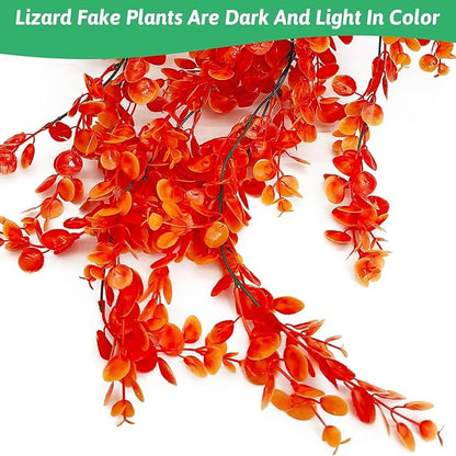 Hamiledyi Fake Reptile Plants 2 Pack Hanging Fake Plants, Plants for Reptiles with Suction Cup, Fake Amphibian Plants for Bearded Dragon Lizard Geckos Chameleon Tank (Orange) Hamiledyi