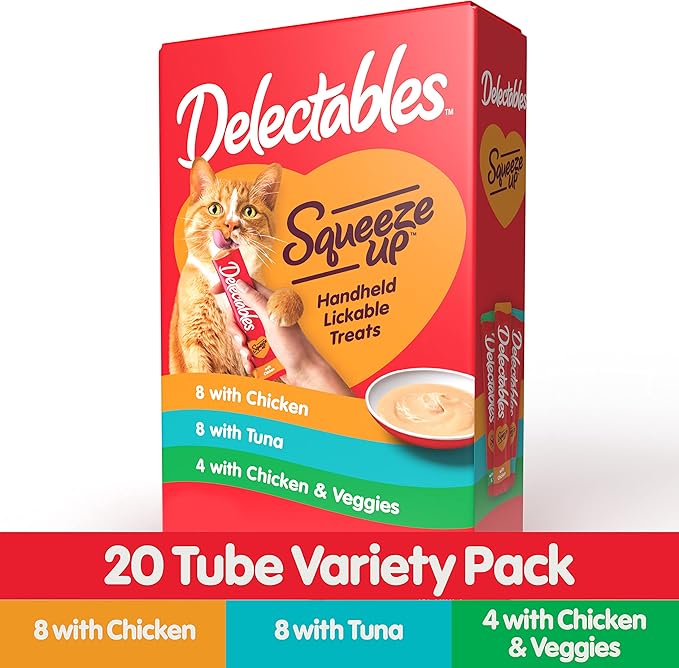 Delectables Squeeze Up Variety Pack, Creamy Squeezable Puree, Lickable Wet Cat Treats, Grain Free, No Added Fillers, No by-Products, No Added Preservatives, 0.5 Ounces Tube, 20 Tubes Total Hartz