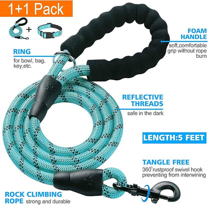 Reflective Dog Collar Padded with Soft Neoprene Breathable Adjustable Nylon Dog Collars for Small Medium Large Dogs (Medium (Pack of 1), Blue Collar+Leash) ladoogo