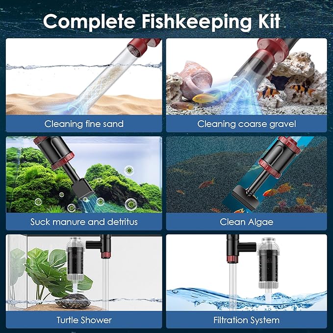 AKKEE Aquarium Vacuum Gravel Cleaner, 8 in 1 Multifunctional 36W Fish Tank Gravel Cleaner Vacuum for Water Changer Wash Sand Water Filter Circulation Aquarium Vacuum Cleaner with Timed Off Waterproof AKKEE