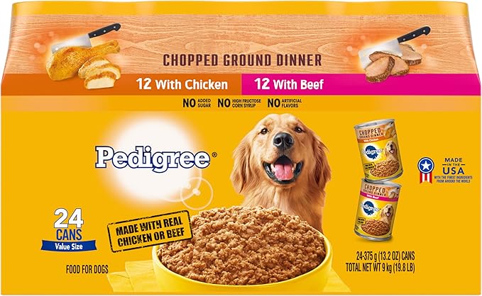 PEDIGREE CHOPPED GROUND DINNER Adult Canned Soft Wet Dog Food Variety Pack, with Chicken and Beef, 13.2 oz. Cans 24 Pack - PAWPICO