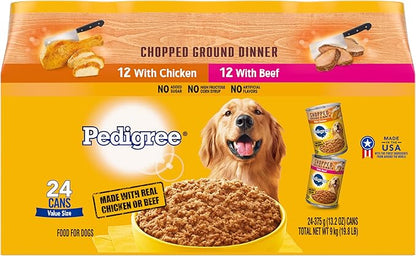 PEDIGREE CHOPPED GROUND DINNER Adult Canned Soft Wet Dog Food Variety Pack, with Chicken and Beef, 13.2 oz. Cans 24 Pack - PAWPICO