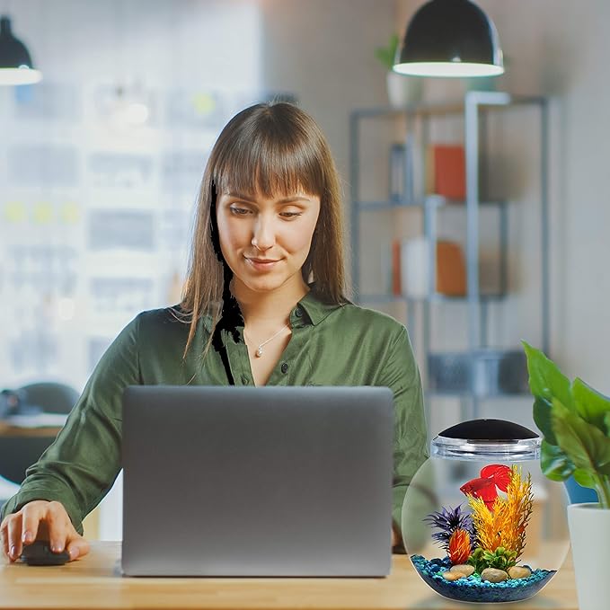 Koller Products 1-Gallon Globe Fish Bowl, Impact- Resistant Plastic Aquarium Starter Kits with LED Lighting, Buit-in Timer, Crystal-Clear Clarity, Desktop Fish Tank for Home Décor DISCOVERTHEEXCITINGWORLDOFKEEPINGTROPICALFISH