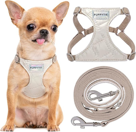Puppytie No Pull Small Dog Harness with Multifunction Dog Leash,Lightweight Soft Adjustable No Choke Escape Proof Pet Harness Vest Pet Harness Vest,Glossy Pearl White,S Puppytie