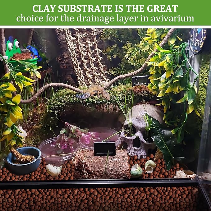 Riare 2LBS Expanded Clay Balls Terrarium Substrate for Reptiles - 100% Organic Lightweight Clay Pebbles Substrate Frogs False Bottom Substrate, Bioactive Terrarium Substrate for Drainage and Moisture Riare