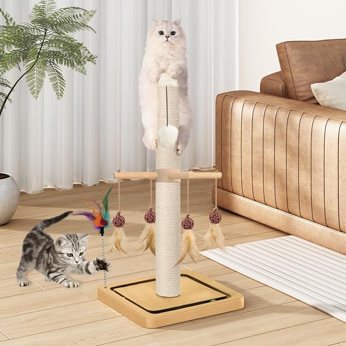 Cat Scratching Post, Sisal Scratching Posts for Indoor Cats Adults with Hanging Ball and Interactive Toys, 2 Mounting Methods Cat Scratcher for Kitten Cats, 25 inches - PAWPICO