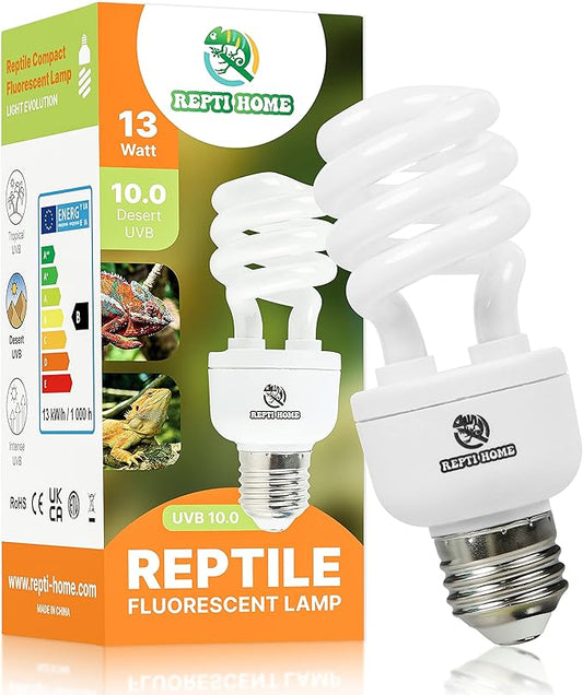 UVB Reptile Light 10.0, 13W Desert UVA UVB Bulb for Reptiles, Compact Desert Terrarium Lamp, Reptile UVB Light Bulb for Bearded Dragon, Lizard, Tortoise, Snake, Gecko REPTIHOME