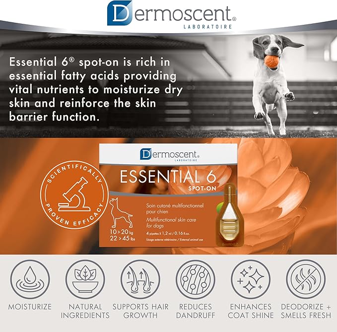 Dermoscent Essential 6 spot-on - Dog Skin Care for Dandruff & Allergy Relief with Vitamin E Oil - Anti Itch for Dogs - Natural Ingredients for Sensitive Skin - Dogs 10-20 kg - 4 Pipettes of 1.2 ml Dermoscent