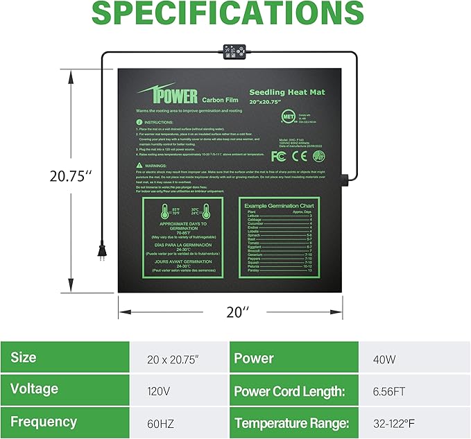 iPower Seedling Heat Mat for Plants with Dual Digital Temperature Controller, MET Certified Heating Pad, 20" x 20.75", Black iPower