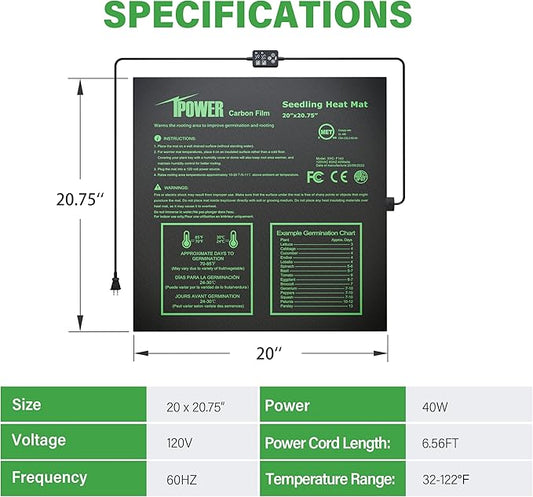 iPower Seedling Heat Mat for Plants with Dual Digital Temperature Controller, MET Certified Heating Pad, 20" x 20.75", Black iPower