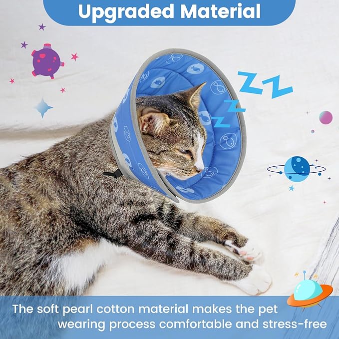 Cat Cone Collar Soft, Cat Cones to Stop Licking, Adjustable Cat Cone Water Resistant, Foldable, Adjustable, Lightweight (Blue Fish, Medium) IDOGCHEW