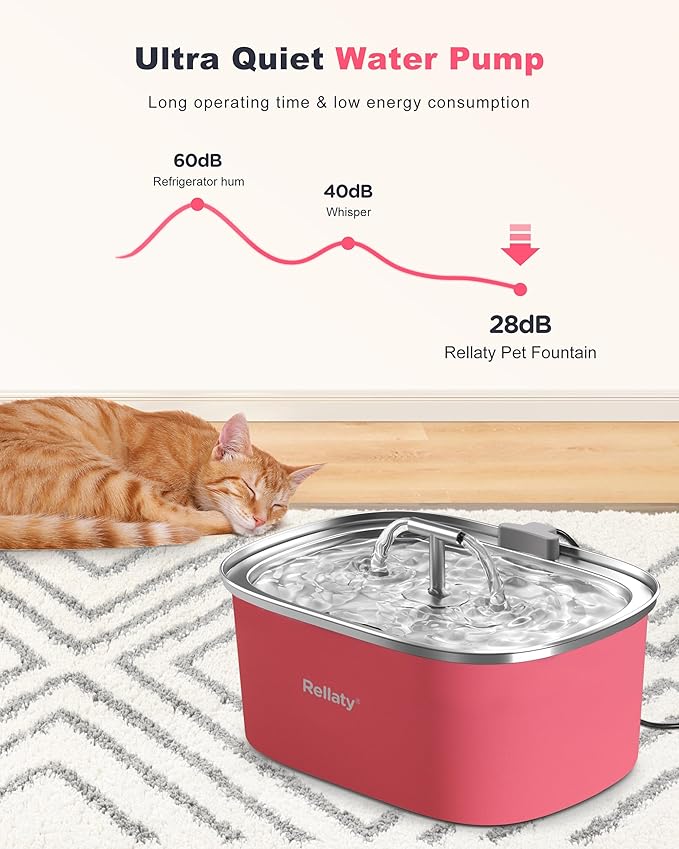 Cat Water Fountain Stainless Steel: 3.2L/108oz Pet Fountain Water Bowl Automatic Drinking Dispenser Cat Feeding & Watering Supplies, Ultra-Quiet Pump & Replacement Filter for Cats Inside(Living Pink) - PAWPICO