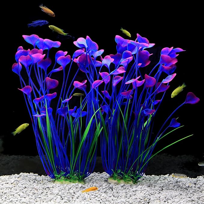 JIH Plastic Plants for Aquarium,Tall Artificial Plants for Fish Tank Decor 15.6 Inch (2 Pcs) (Purple) JIH