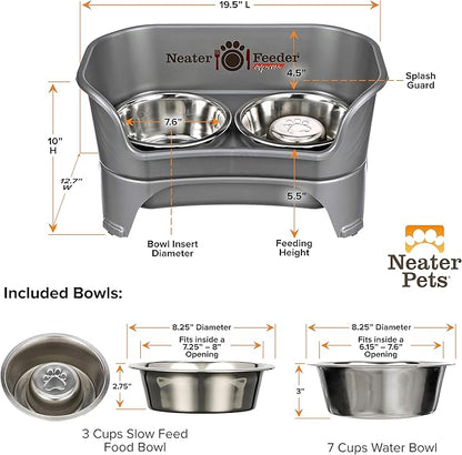 Neater Feeder - Express Model w/ Slow Feed Bowl - Mess-Proof Dog Bowls (M/L, Grey) Made in USA – Elevated, No Spill, Non-Tip, Non-Slip, Raised Stainless Steel Food/Water Pet Bowls Aid Digestion - PAWPICO