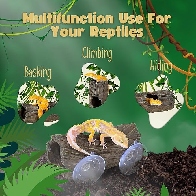 Crested Gecko Hide - Essential Crested Gecko Accessories for Tank - Reptile Hide Cave with Suction Cups - Unbreakable Realistic Tree Trunk Design - Safe Resin for Geckos, Lizards, Snakes PAWPICO