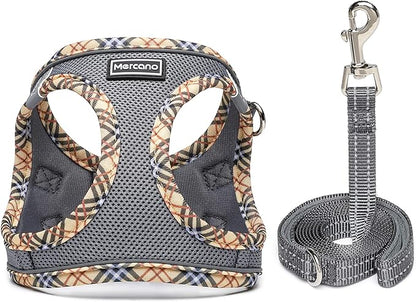 Mercano Soft Mesh Dog Harness and Leash Set, No-Chock Step-in Reflective Breathable Lightweight Easy Walk Escape Proof Vest Harnesses with Safety Buckle for Small Medium Dogs, Cats (Grey, XXS) PAWPICO
