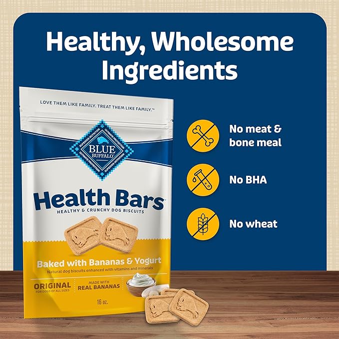 Blue Buffalo Health Bars Crunchy Dog Biscuits, Oven-baked Dog Treats Made with Natural Ingredients, Bananas & Yogurt, 16-oz Bag - PAWPICO