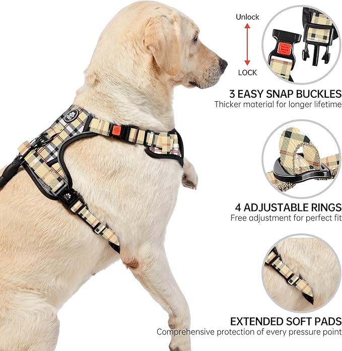 NESTROAD No Pull Dog Harness with Leash, Reflective No Choke Pet Vest Harness,Adjustable Soft Padded Dog Harness with Easy Control Handle for Medium Dogs(Checkered Beige,Medium) NESTROAD