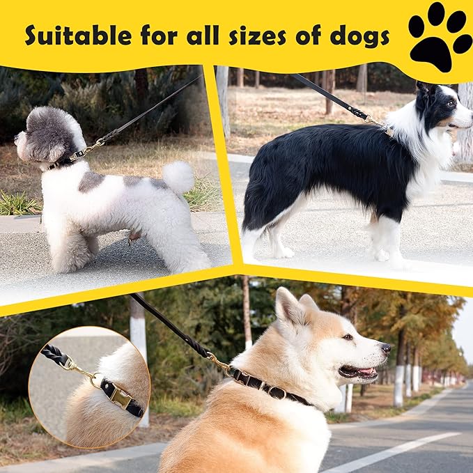 6ft Leather Dog Collar and Leash Set for Heavy Duty Large Dog,Soft and Comfortable Braided Leather Dog Leash Set with Anti-Slip Handle,Long Strong Leather Collar with Metal Lock for Training,Black KILISTEELS