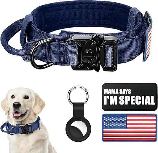 Tactical Dog Collar Military Dog Collar Adjustable Nylon Dog Collar Heavy Duty Metal Buckle with Handle for Dog Training,with Patches (Blue, L) Celifelight