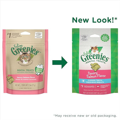 FELINE GREENIES Adult Natural Dental Care Cat Treats, Savory Salmon Flavor, 2.1 oz. Pouch GREENIES