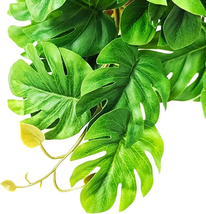 Woyrise Reptile Plants for Terrarium, Artificial Hanging Plants with Suction Cups, Amphibian Tank Habitat Decor Plastic Plant for Bearded Dragons Lizards Snake Geckos Frogs - 2Pack Fake Monstera Woyrise